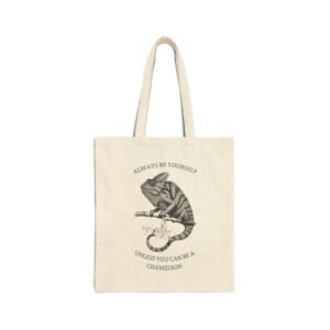 Bella Gatti Tote Bag – Reusable Cat Lover Carryall Always Be Yourself – Canvas Cotton Tote Bag. Beige tote bag with a chameleon and motivational text.
