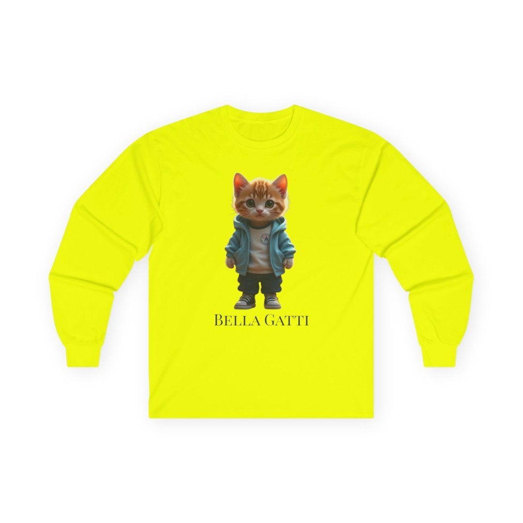 15124726320022316406_2048.jpeg Yellow long-sleeve shirt with a cartoon cat in a hoodie.