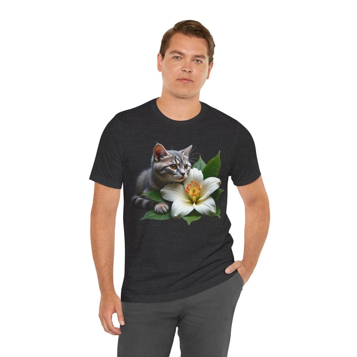 15587775548937317270_2048.jpeg Man in a dark gray t-shirt with a tabby kitten and white lily design.