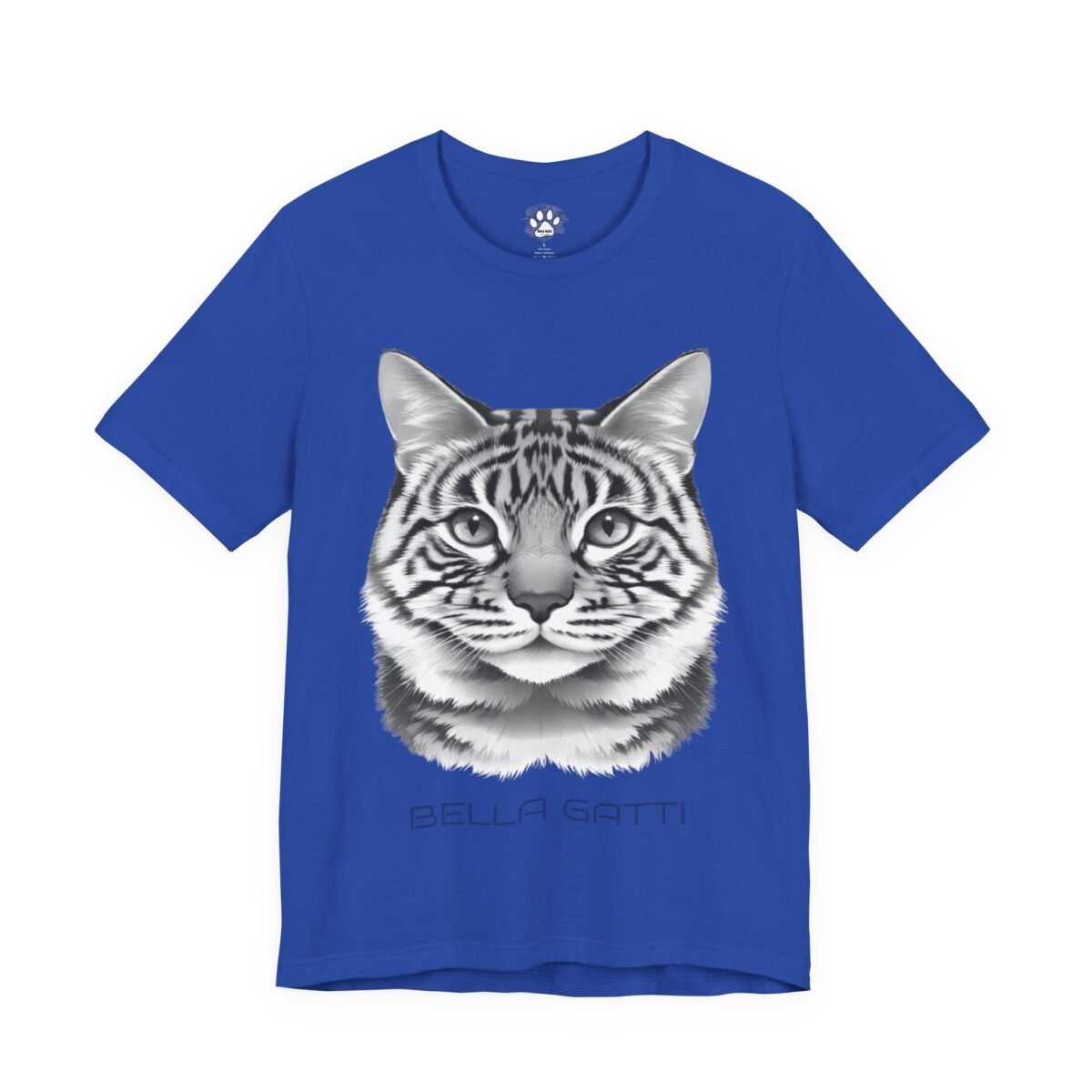 15619673933552294731_2048.jpeg Blue t-shirt with a black and white striped cat head and 'BELLA GATTI' text.