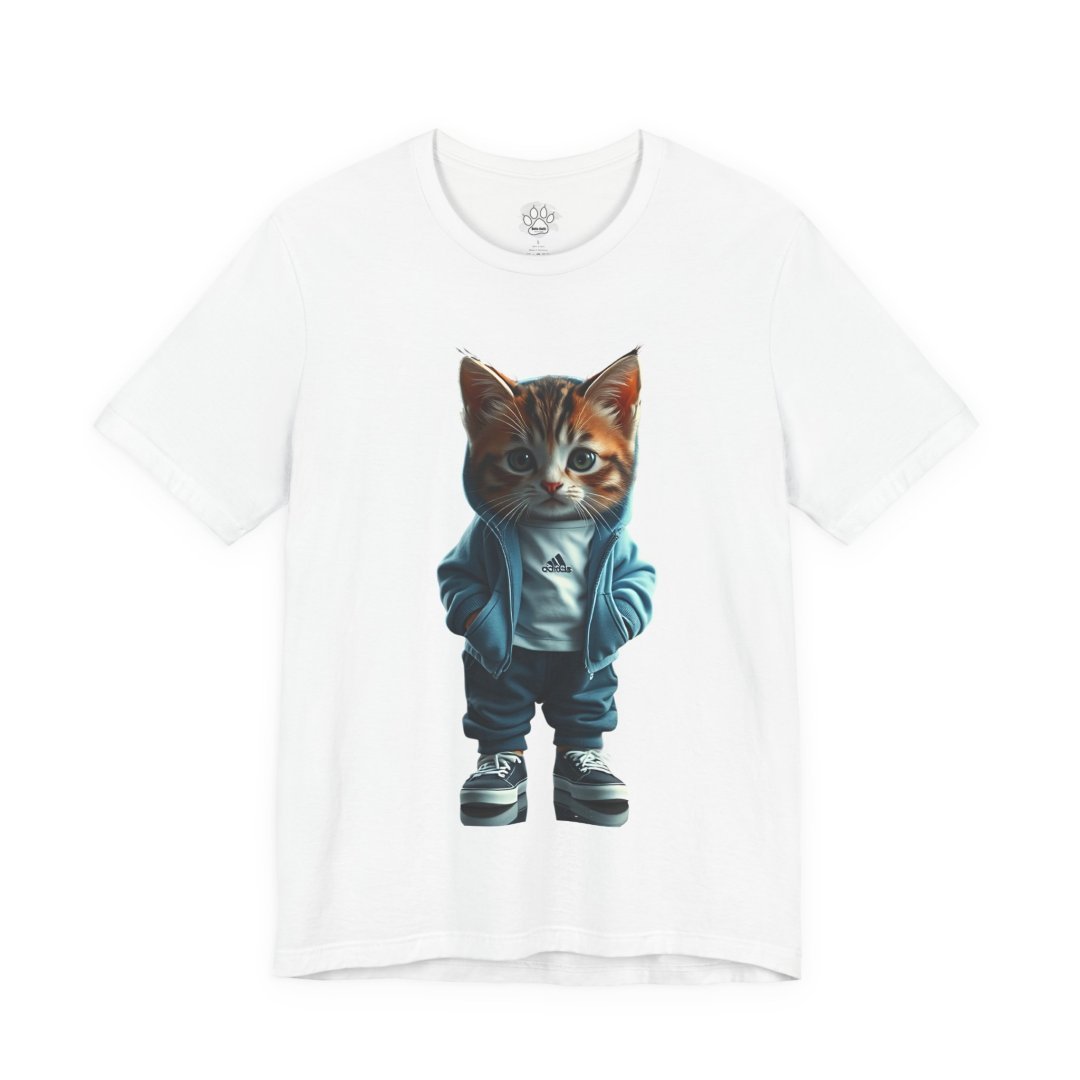 15677800436714080737_2048.jpeg T-shirt with a cute kitten wearing a hoodie and sneakers.