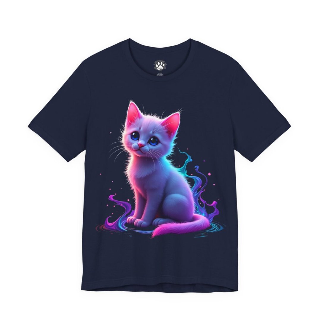 15820410503088759093_2048.jpeg Navy blue t-shirt with a colorful, mystical kitten design.