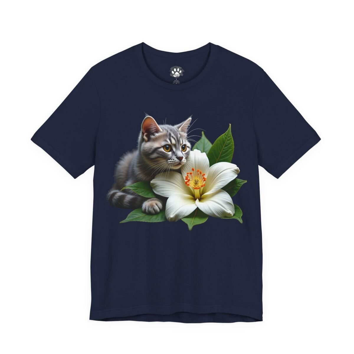 15984207816581182932_2048.jpeg Dark blue t-shirt with a grey tabby kitten next to a large white flower and green leaves.