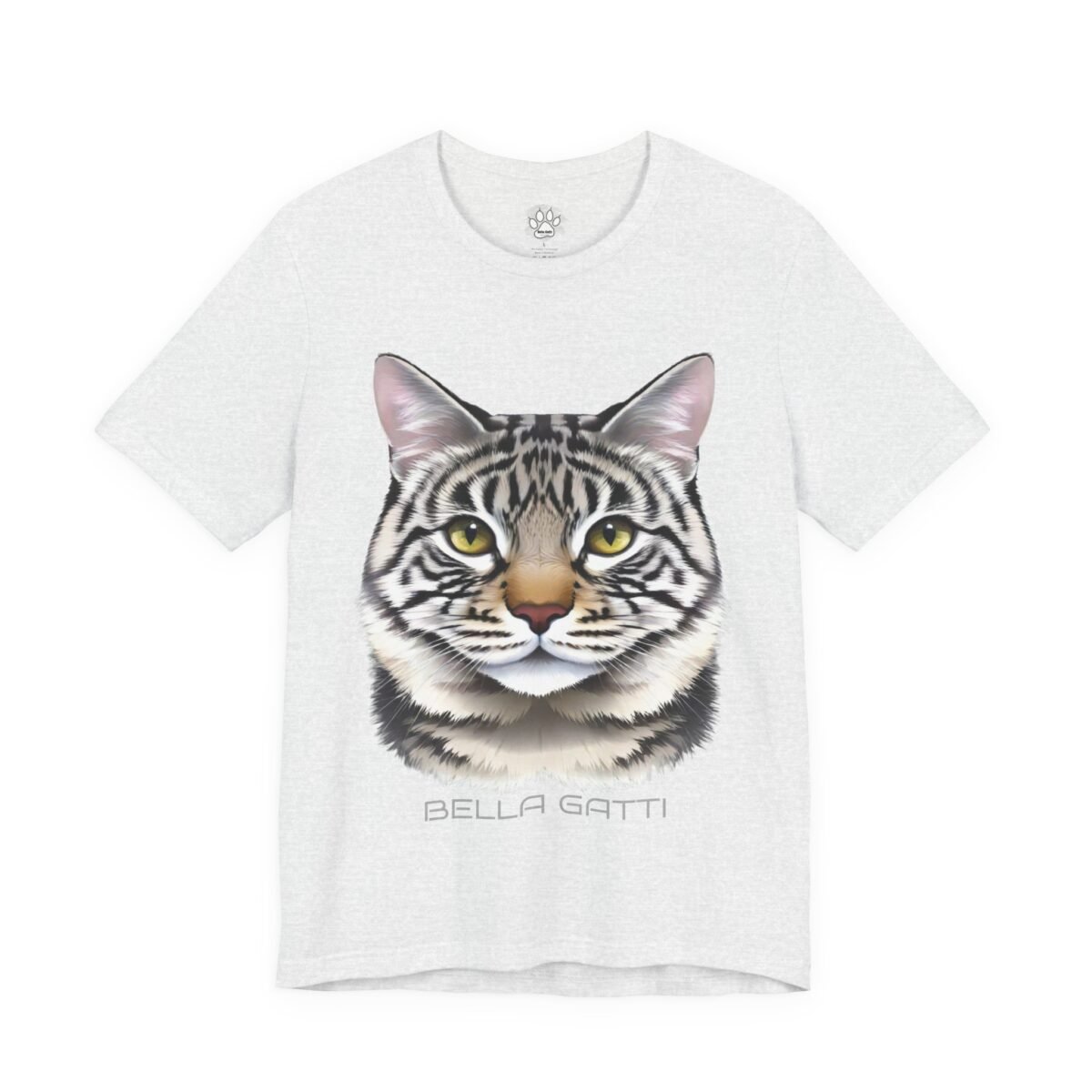 16063769505086069288_2048-3.jpeg Gray t-shirt with a detailed striped cat face graphic and "BELLA GATTI" text.