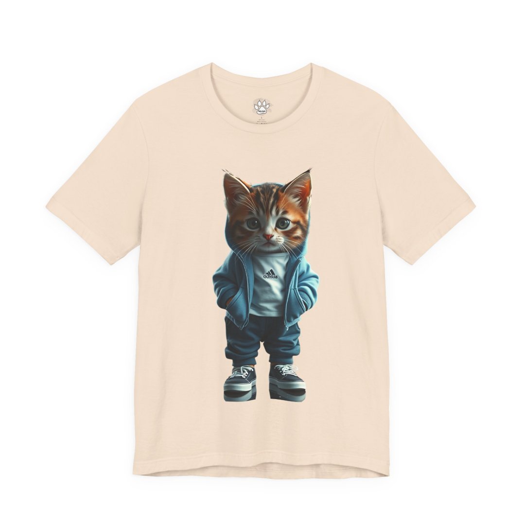 16127981443263301639_2048.jpeg T-shirt with a cute cat wearing a hoodie and sneakers.