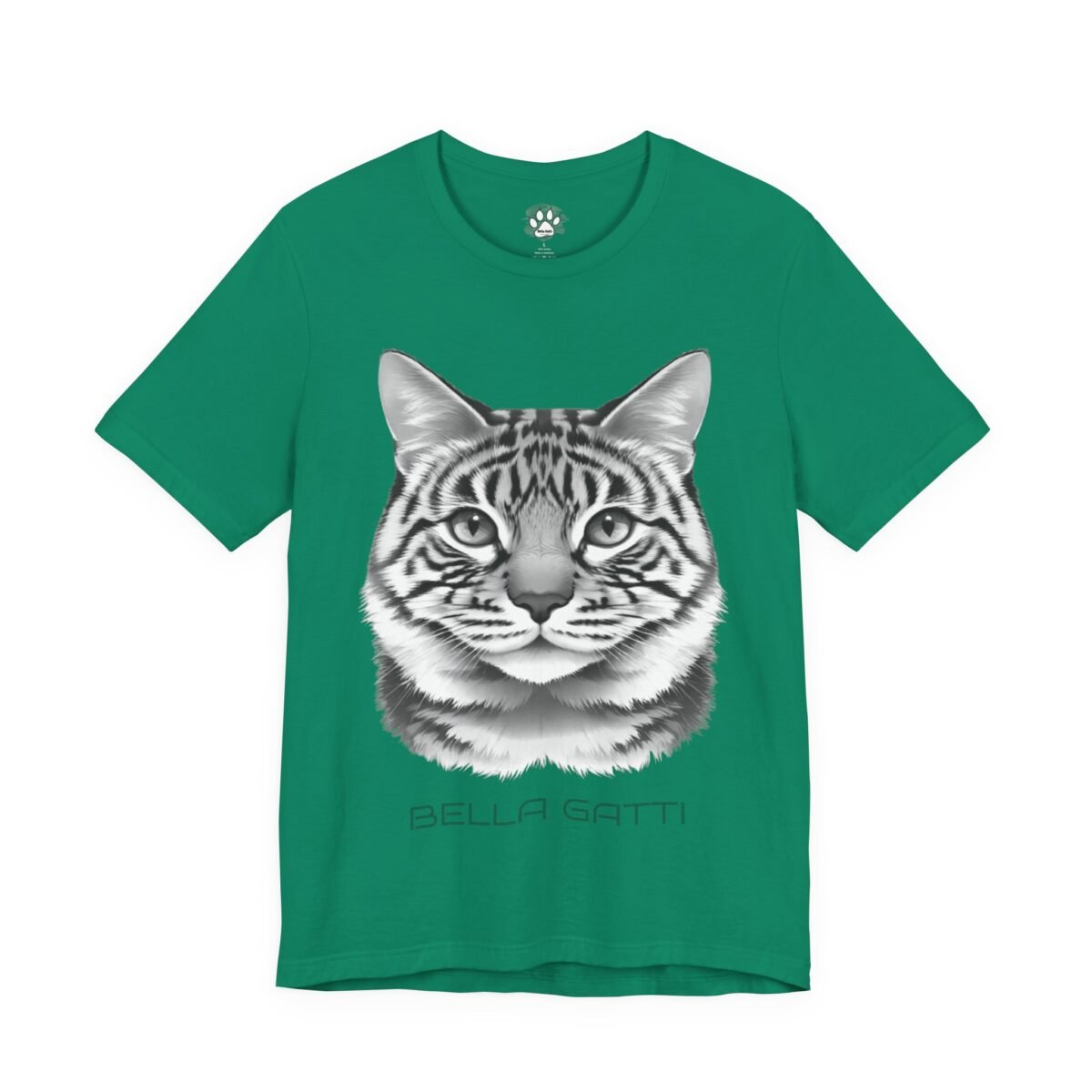 16495539216971587704_2048.jpeg Green t-shirt with a black and white tiger-striped cat face illustration and "BELLA GATTI" text.