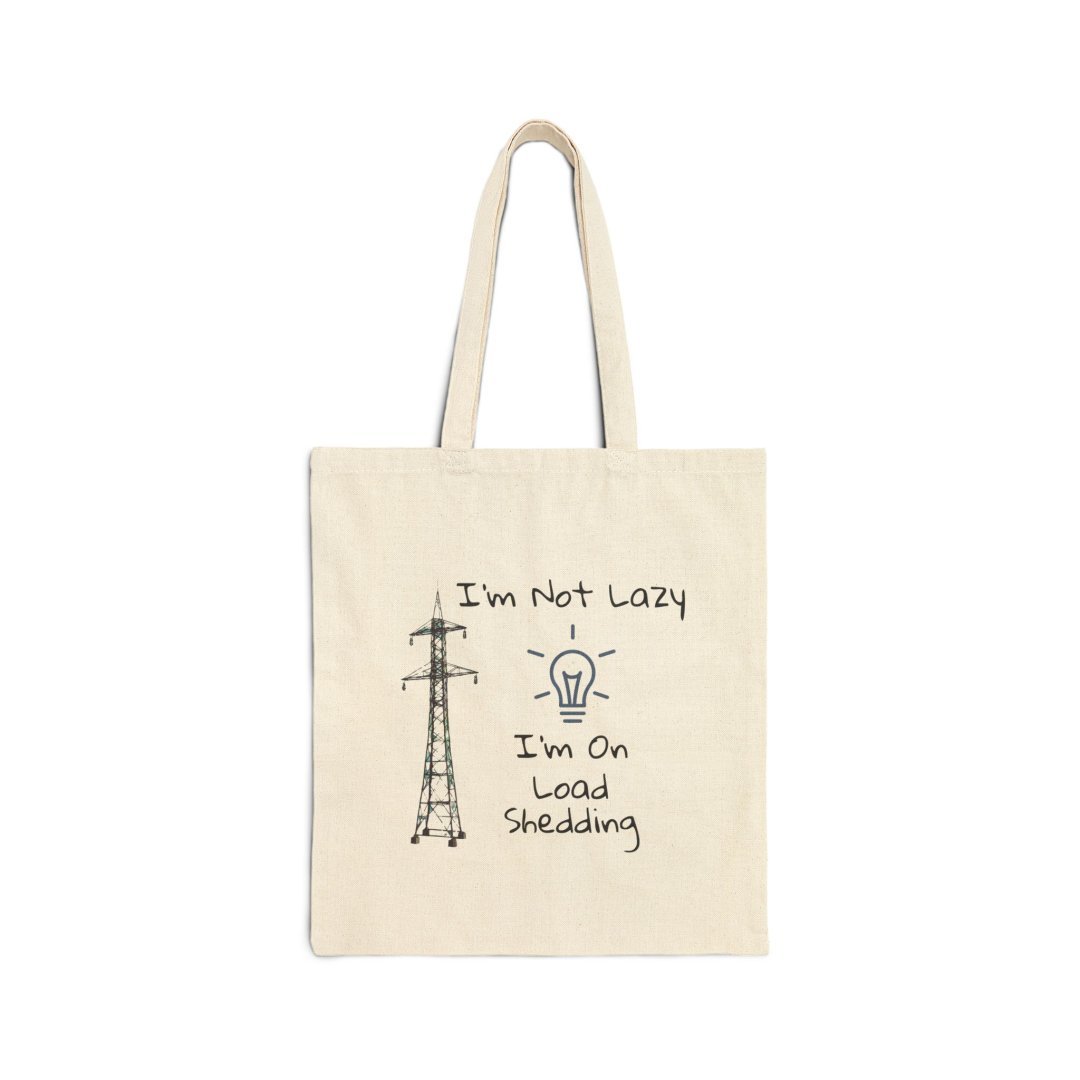 Funny I’m Not Lazy Tote Bag. Canvas tote bag with a humorous load shedding design.