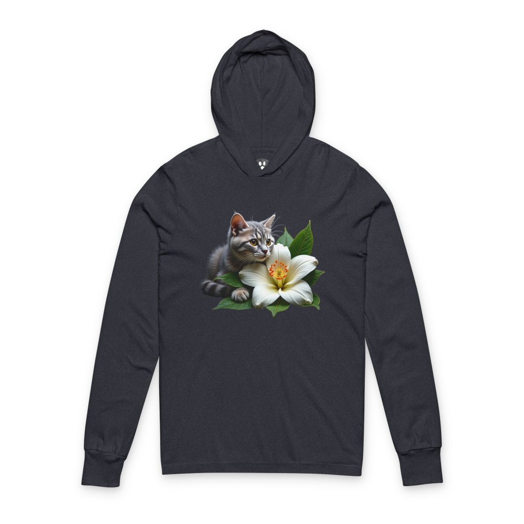 16621653908732824058_2048-1.jpeg Gray kitten with a lily flower on a dark hoodie.