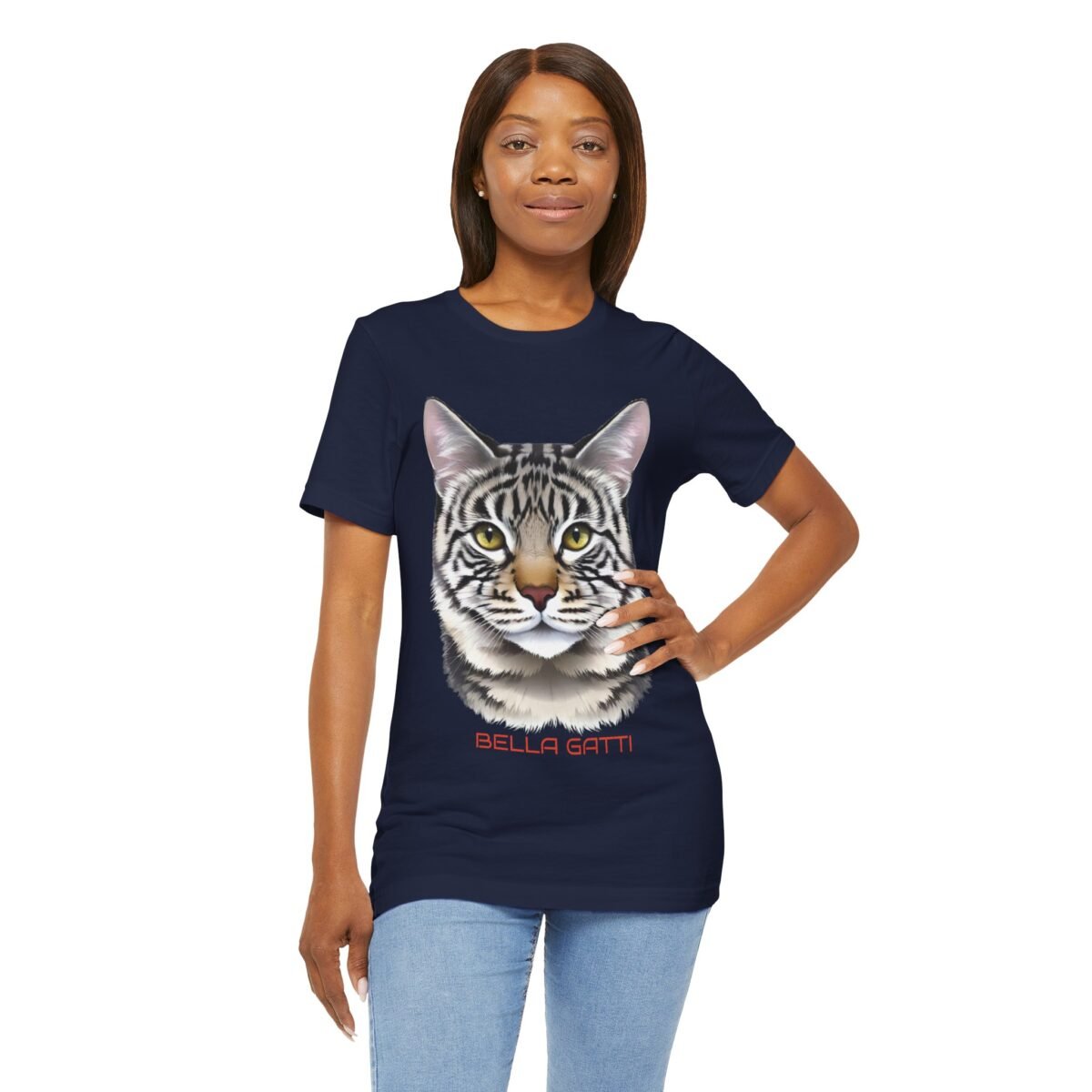 16677348046459888786_2048-1.jpeg A woman wears a navy t-shirt with a Bengal cat head and "BELLA GATTI" in red.