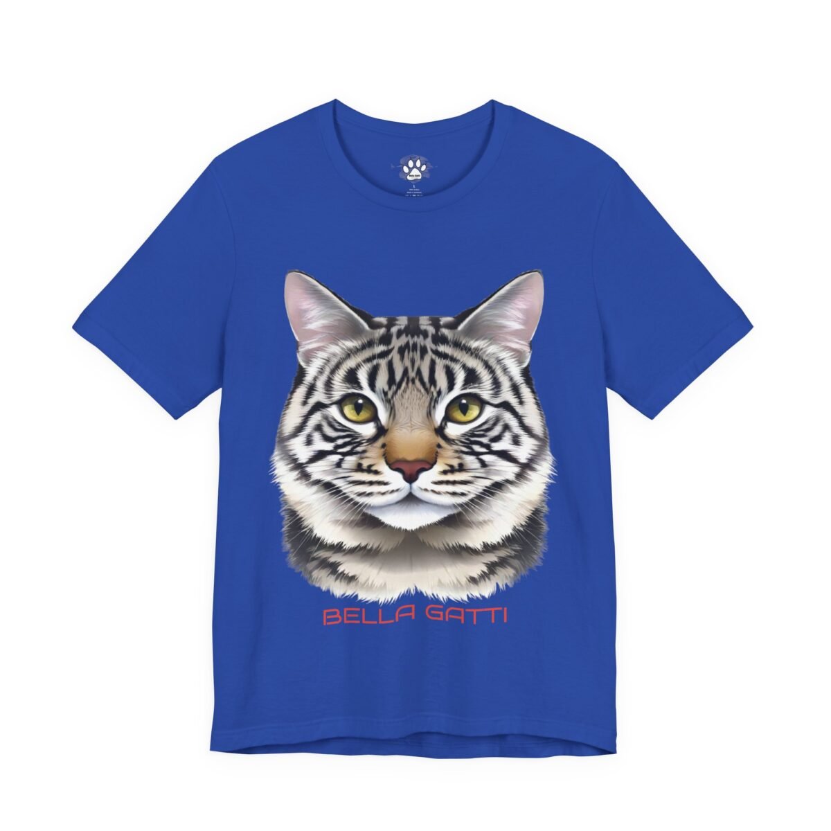 16754726022080272082_2048-1.jpeg Blue t-shirt featuring a tabby cat face with yellow eyes and "BELLA GATTI".