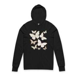 Floral Crown Kitten Graphic Hooded Long Sleeve Tee Butterflies Illustration Hooded Long Sleeve Tee
