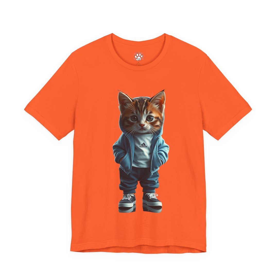 17492385453571678504_2048.jpeg Orange t-shirt with a cute cat in a hoodie and sneakers.