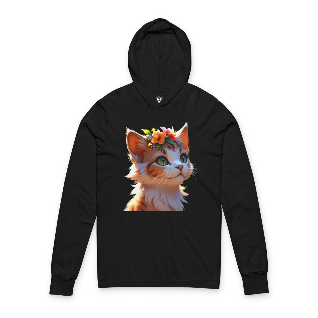 17534845082894734631_2048-1.jpeg An adorable cartoon tabby cat with green eyes and a flower crown, printed on a black hoodie.