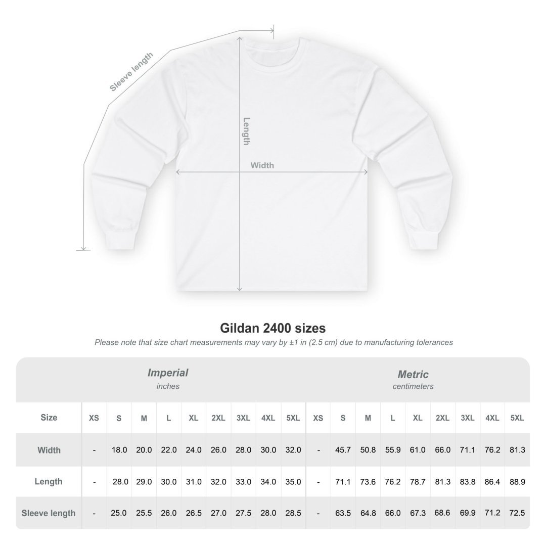 17575230952524550972_2048.jpeg Size chart for Gildan 2400 long sleeve shirt in imperial and metric units.