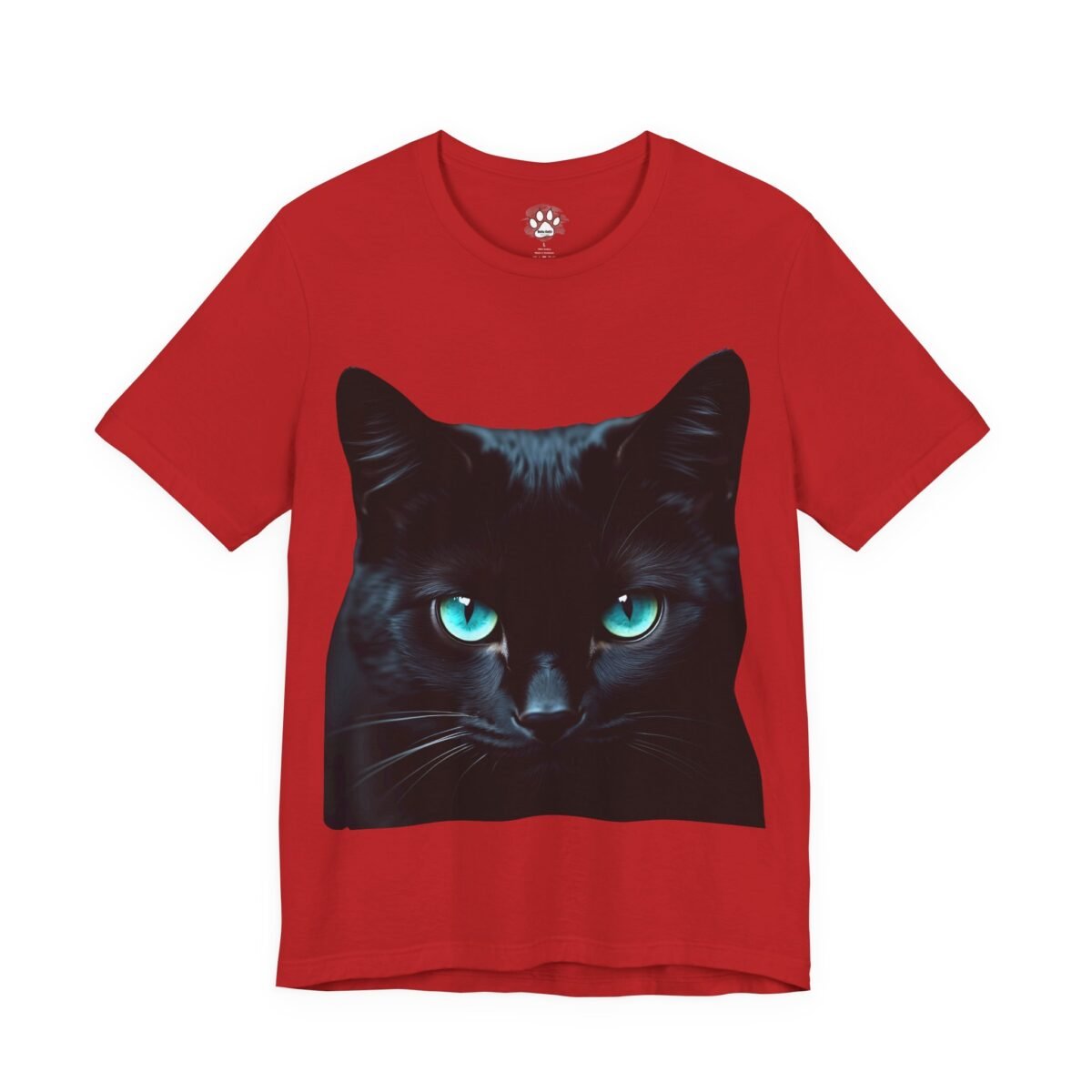 17683685082363929267_2048.jpeg Red t-shirt with a black cat's head and bright blue eyes.