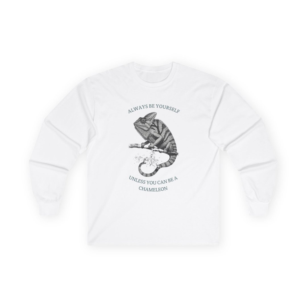 17731150963508858020_2048.jpeg White long-sleeve shirt with chameleon graphic and text.