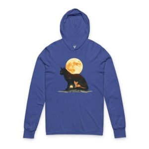 Cat & Kitten Moonlight Hooded Long-Sleeve Tee Cat & Kitten Moonlight Hooded Long-Sleeve Tee featuring a black cat silhouette, an orange kitten, and a glowing full moon graphic on a lightweight premium cotton hooded shirt for cat lovers and celestial art enthusiasts.