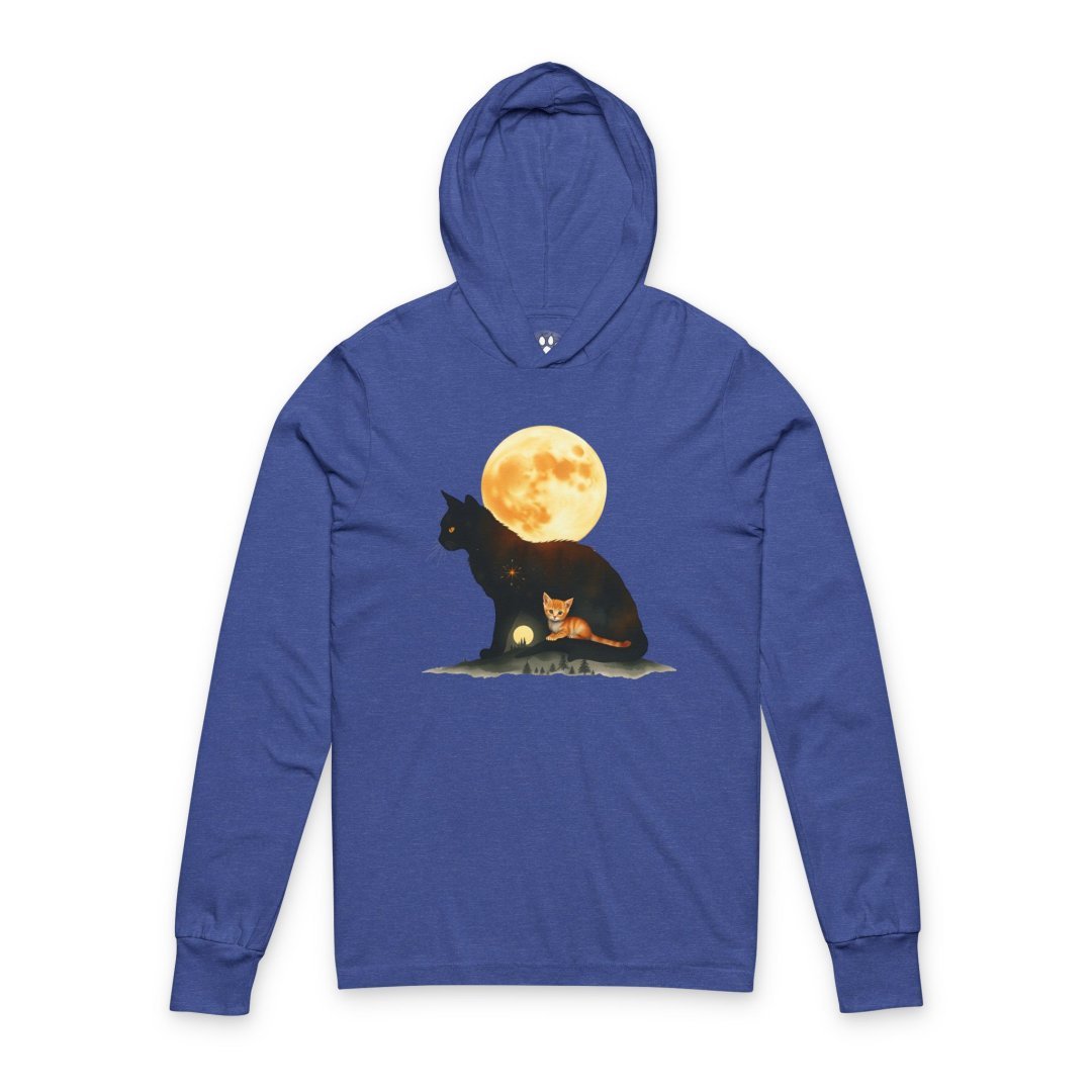 Cat & Kitten Moonlight Hooded Long-Sleeve Tee featuring a black cat silhouette, an orange kitten, and a glowing full moon graphic on a lightweight premium cotton hooded shirt for cat lovers and celestial art enthusiasts.