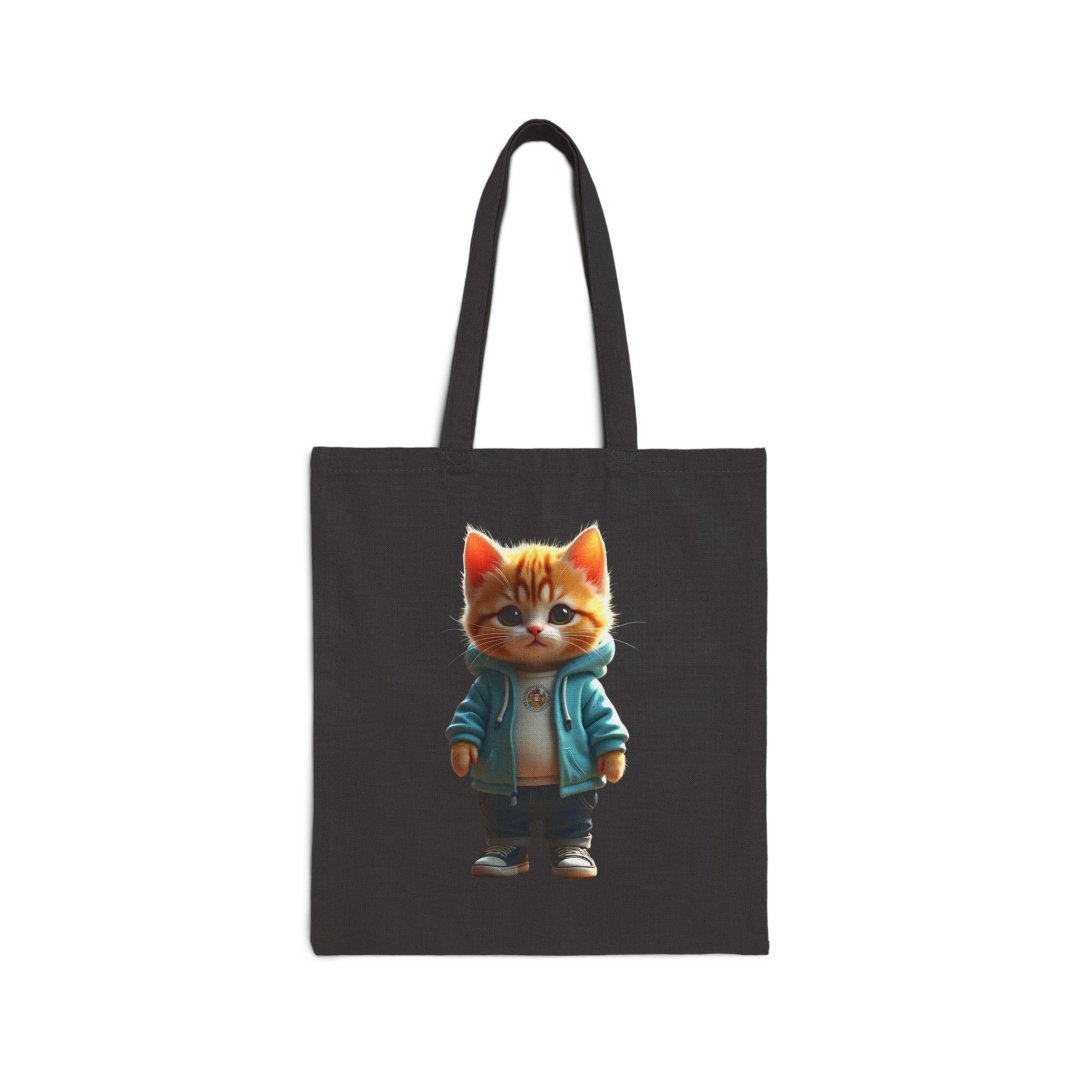 Cute Kitten Hoodie Graphic Tote Bag. Tote bag with a cute cat in a blue jacket design.