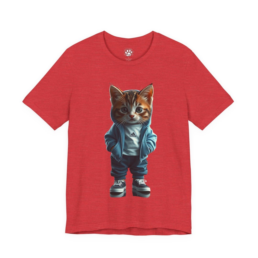 17859067660194901062_2048.jpeg Red t-shirt with a cat in a hoodie and sneakers design.