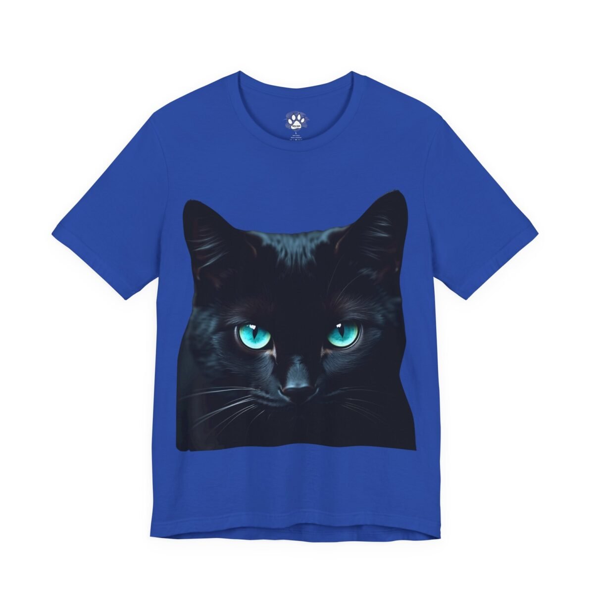 17898086064362445888_2048.jpeg Blue t-shirt with a black cat's face and bright blue eyes.