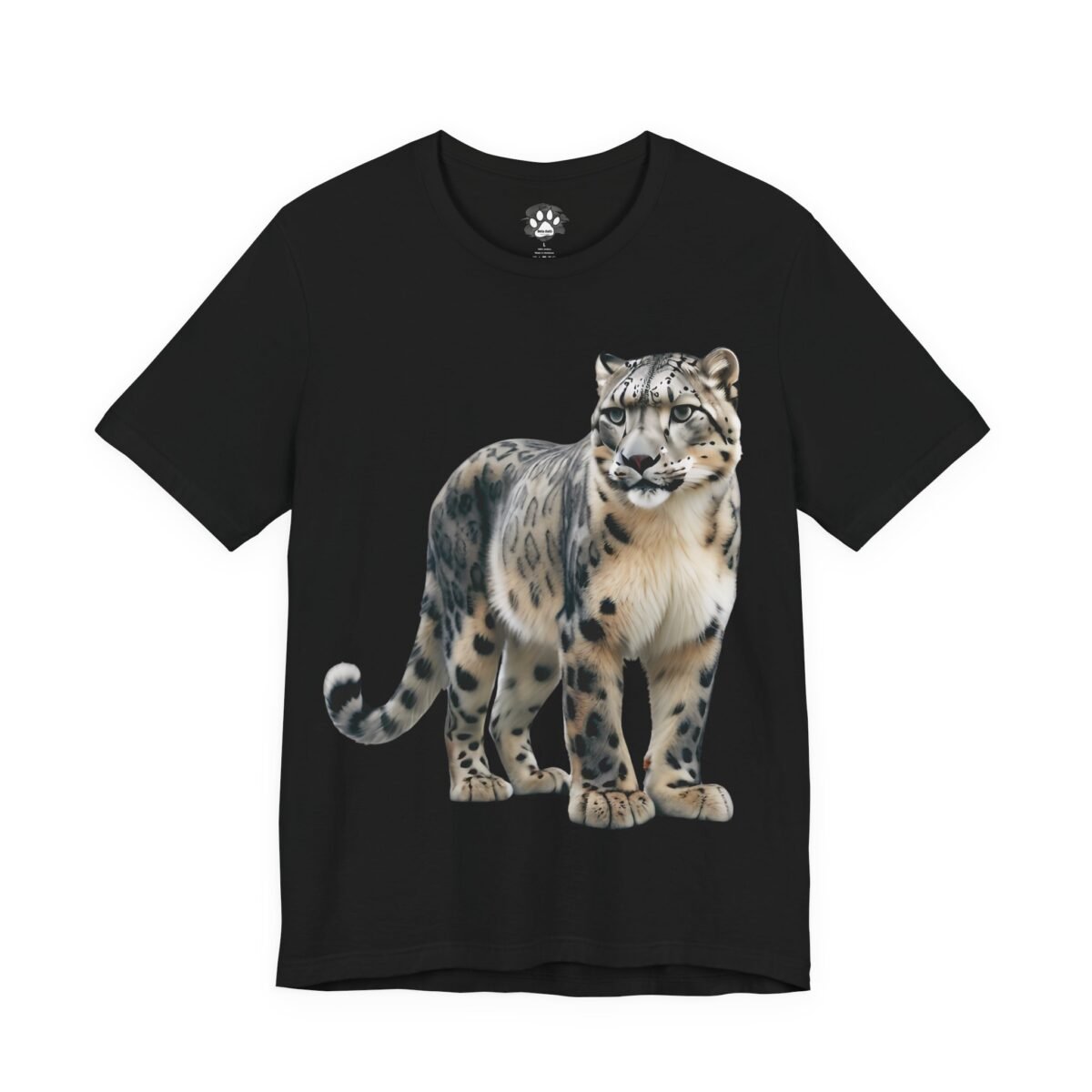 Black t-shirt featuring a detailed snow leopard. Majestic Snow Leopard Graphic Tee
