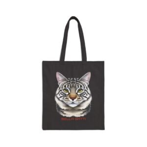 Bella Gatti Tote Bag – Reusable Cat Lover Carryall. Black tote bag with a realistic cat face design and Bella Gatti text.