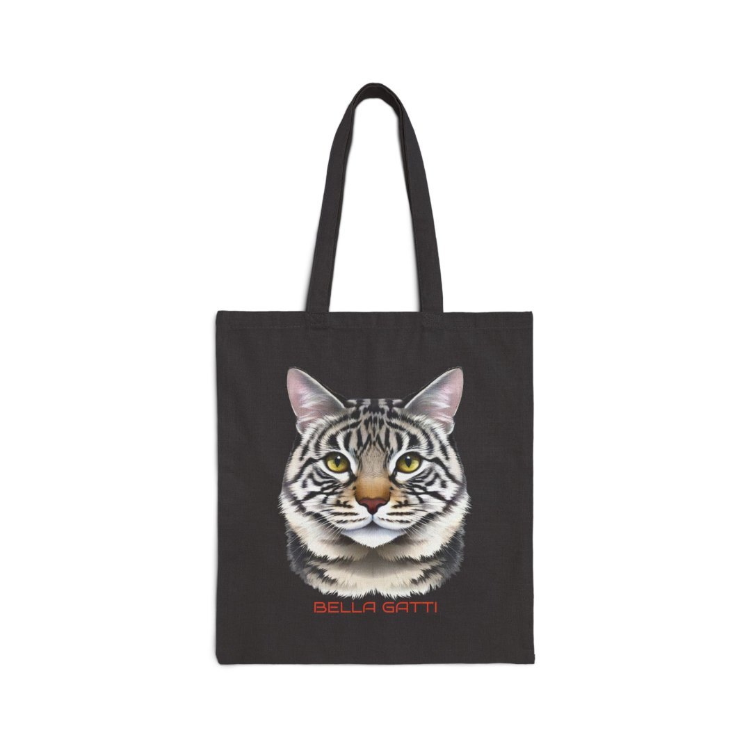 Bella Gatti Tote Bag – Reusable Cat Lover Carryall. Black tote bag with a realistic cat face design and Bella Gatti text.
