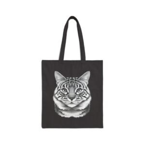 Beautiful Tabby Cat Cotton Canvas Tote Bag. Black tote bag with a realistic cat face design.