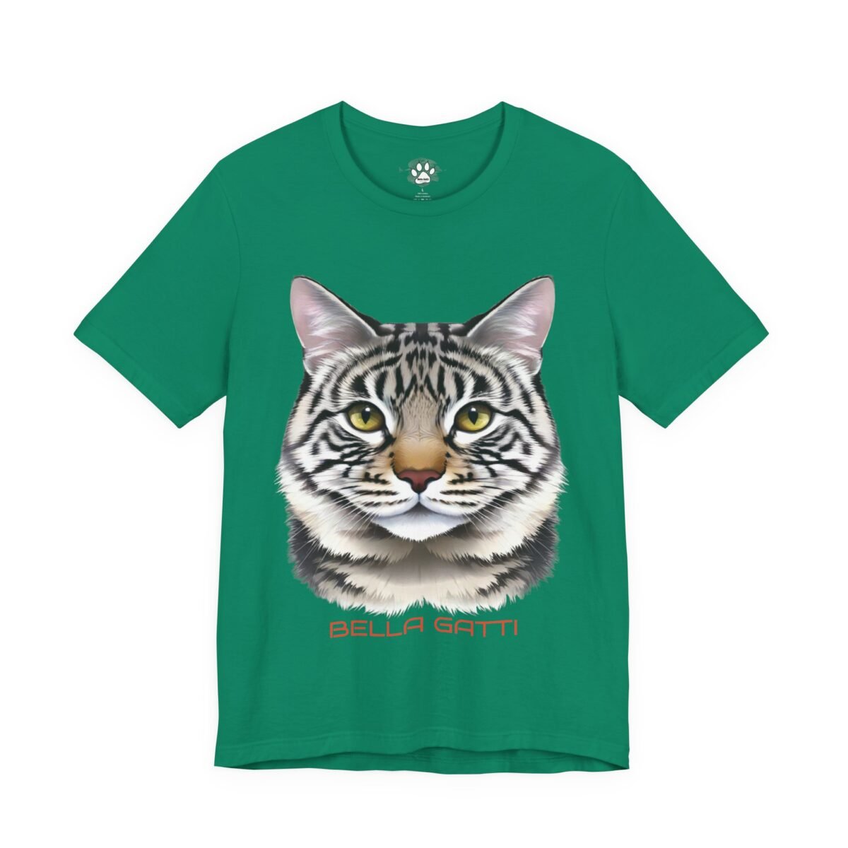 18423961595267511955_2048-1.jpeg Green t-shirt with a tabby cat head illustration and "BELLA GATTI" text.
