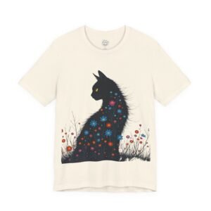 Shellmates: Kitten & Snail Unisex Graphic T-Shirt Cream t-shirt with a black cat design covered in colorful flowers. Midnight Garden Cat Unisex Tee