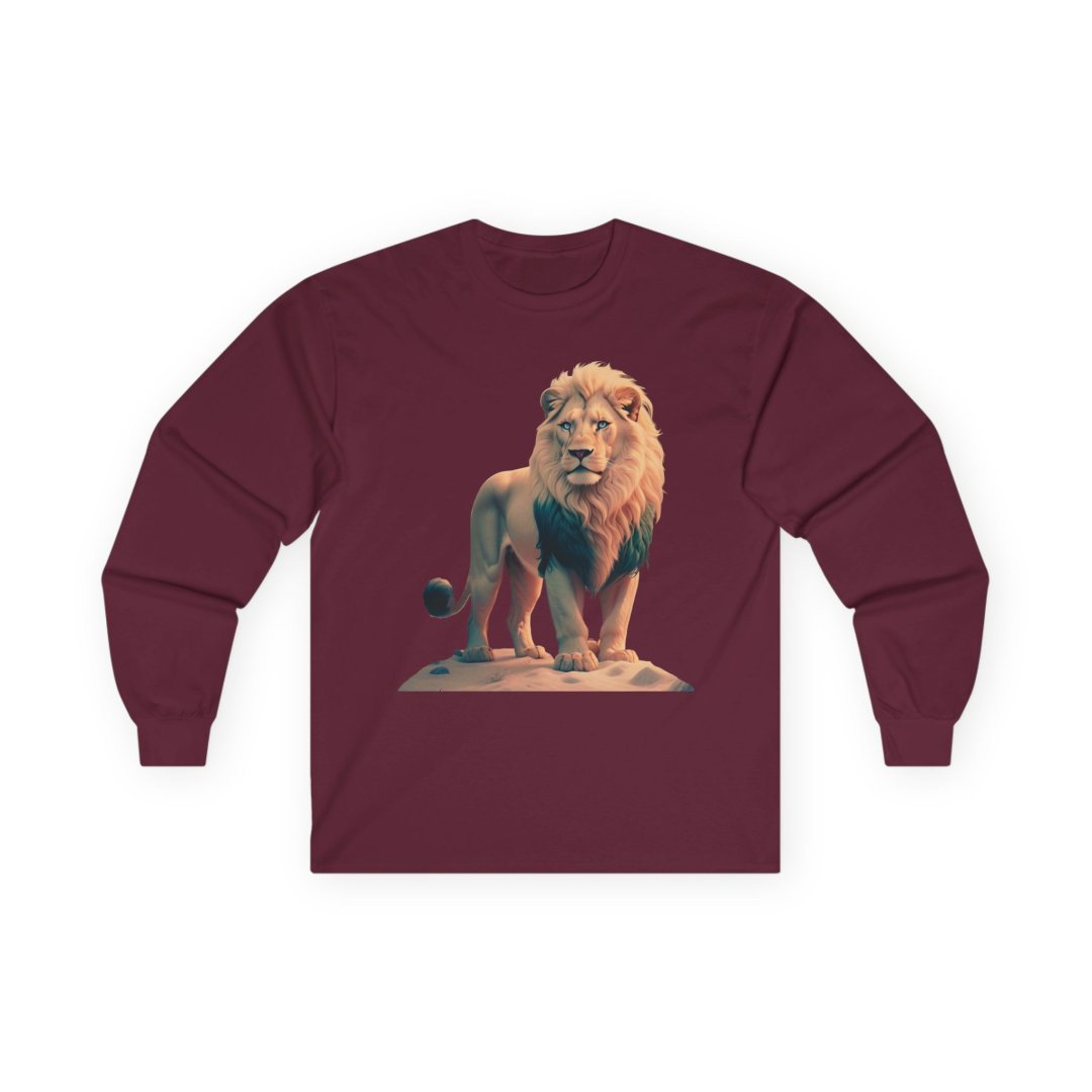 1853308308445200012_2048-1.jpeg Maroon long-sleeve shirt featuring a lion graphic.