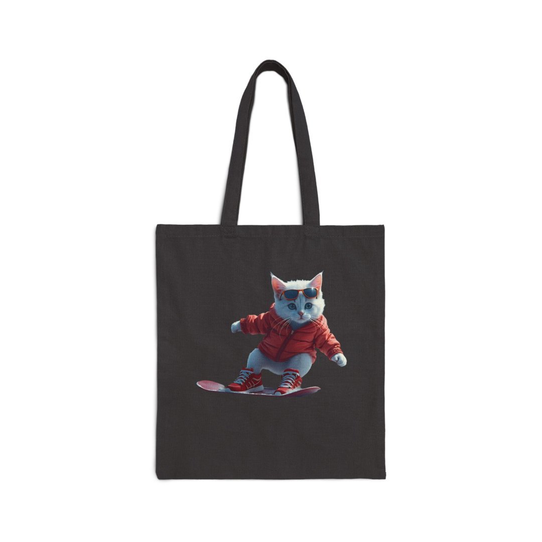 Snowboarding Cat Canvas Tote Bag. Tote bag with a cat snowboarding in a red jacket and sunglasses.