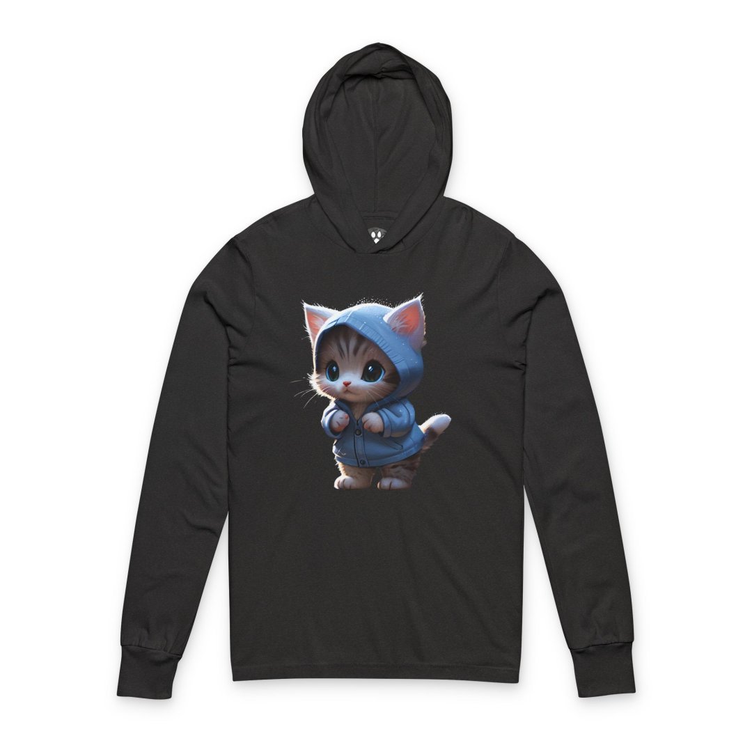 2111089870075134702_2048.jpeg Black hoodie with a cute kitten in a blue hoodie printed on it.