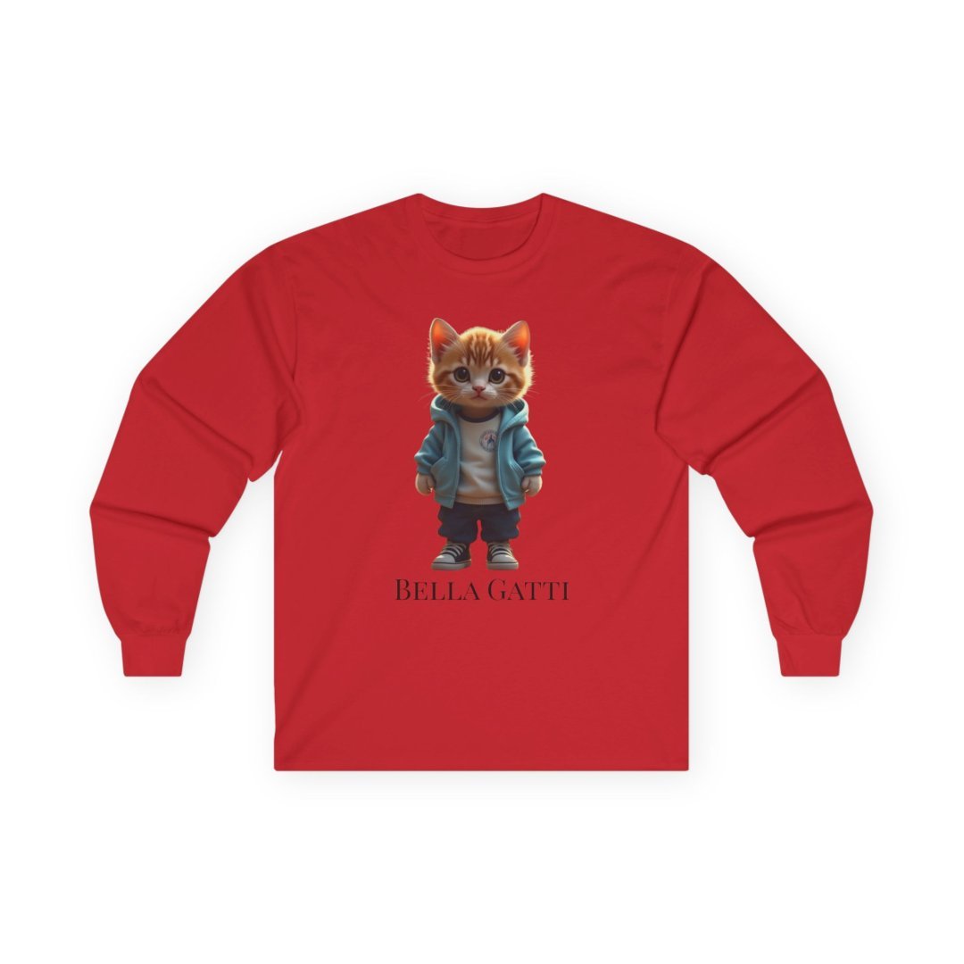 2180795863023189124_2048.jpeg Red long-sleeve shirt with a cartoon kitten in a blue hoodie and "BELLA GATTI" text.