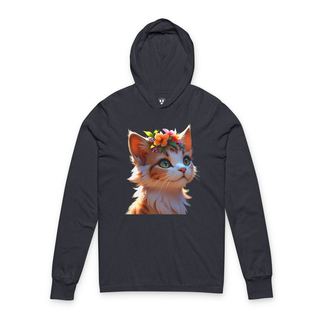 Charcoal black triblend Floral Crown Kitten Graphic Hooded Long Sleeve Tee featuring a realistic orange tabby kitten wearing a colorful flower crown on a lightweight premium cotton hooded shirt for cat lovers, botanical fashion enthusiasts, and everyday casual wear.