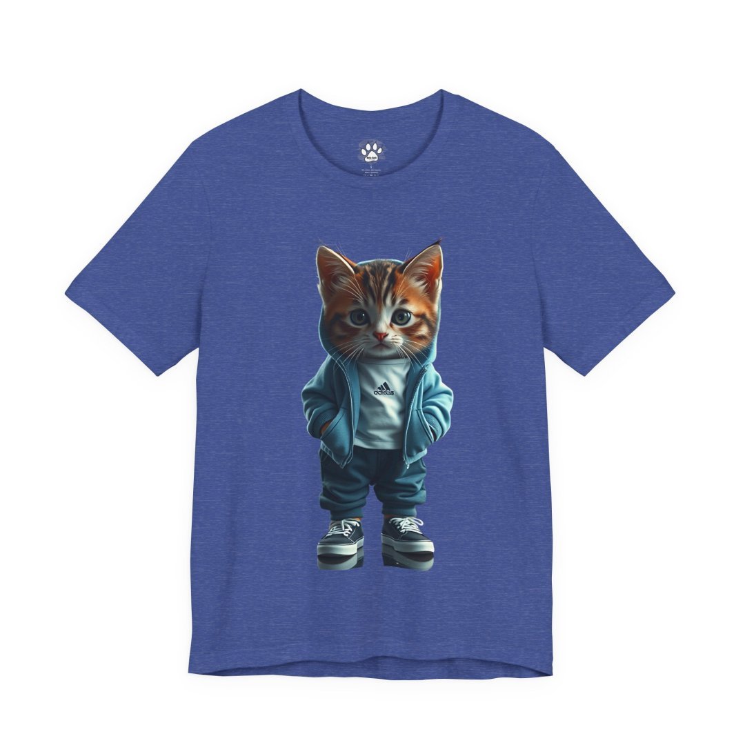 2396694453870169033_2048.jpeg Blue t-shirt with a cute cat in a hoodie and sneakers design.