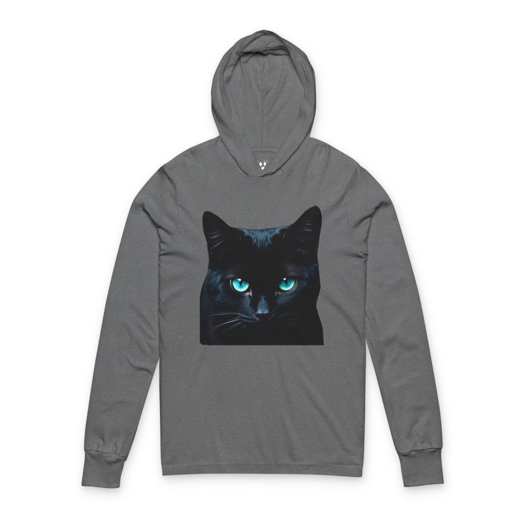 Black Cat Hoodie Long Sleeve Tee | Lightweight Cat Lover Graphic Shirtfeaturing striking blue eyes.