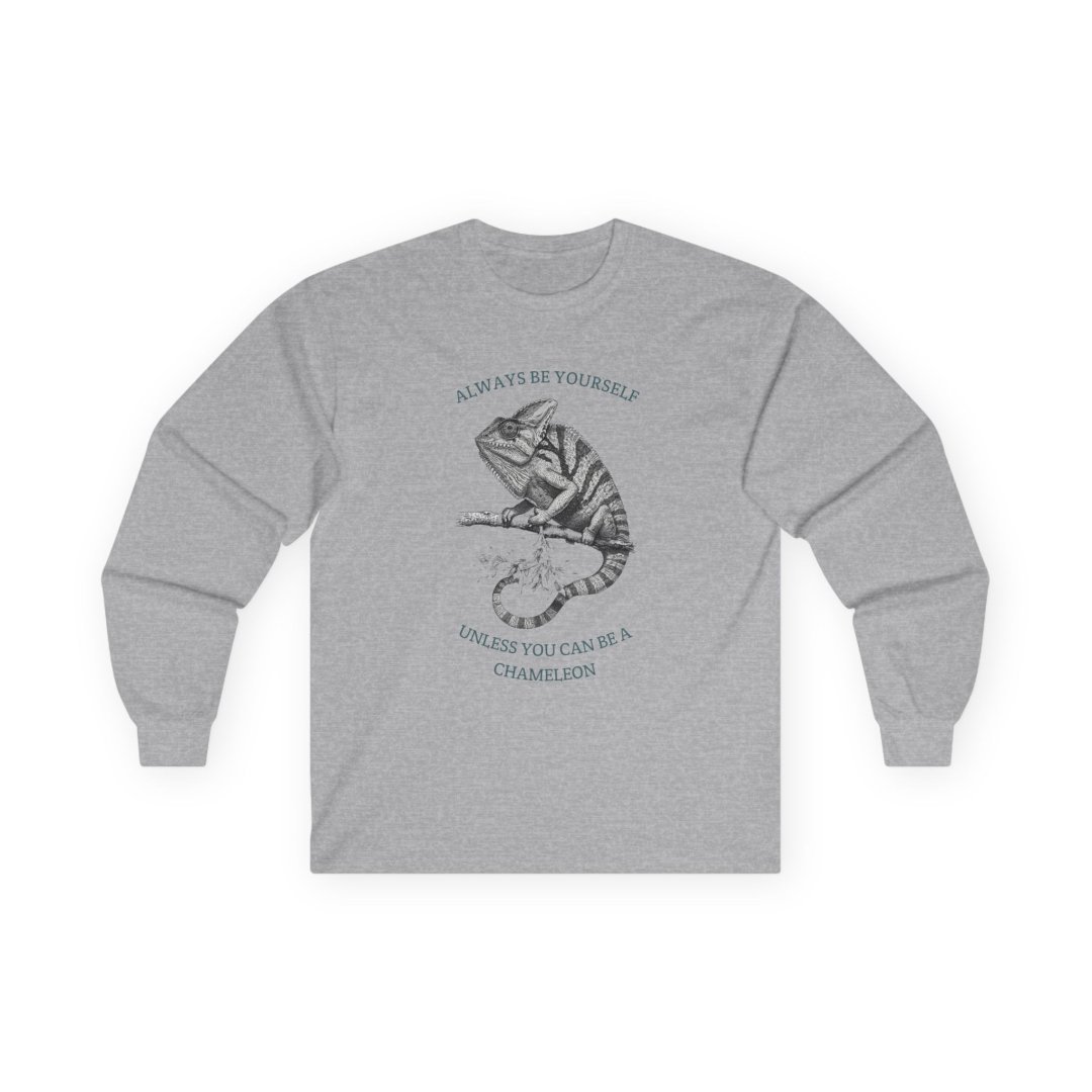 2475017177106343781_2048.jpeg Gray long-sleeve shirt with chameleon graphic and text.