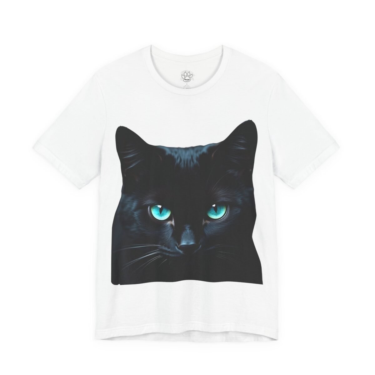 2486445998978657120_2048.jpeg White t-shirt featuring a black cat with striking turquoise eyes.