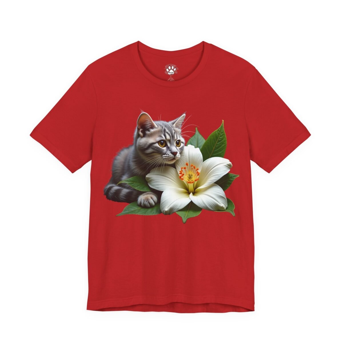 2638346300937543117_2048.jpeg Red t-shirt with a grey tabby kitten next to a white flower.