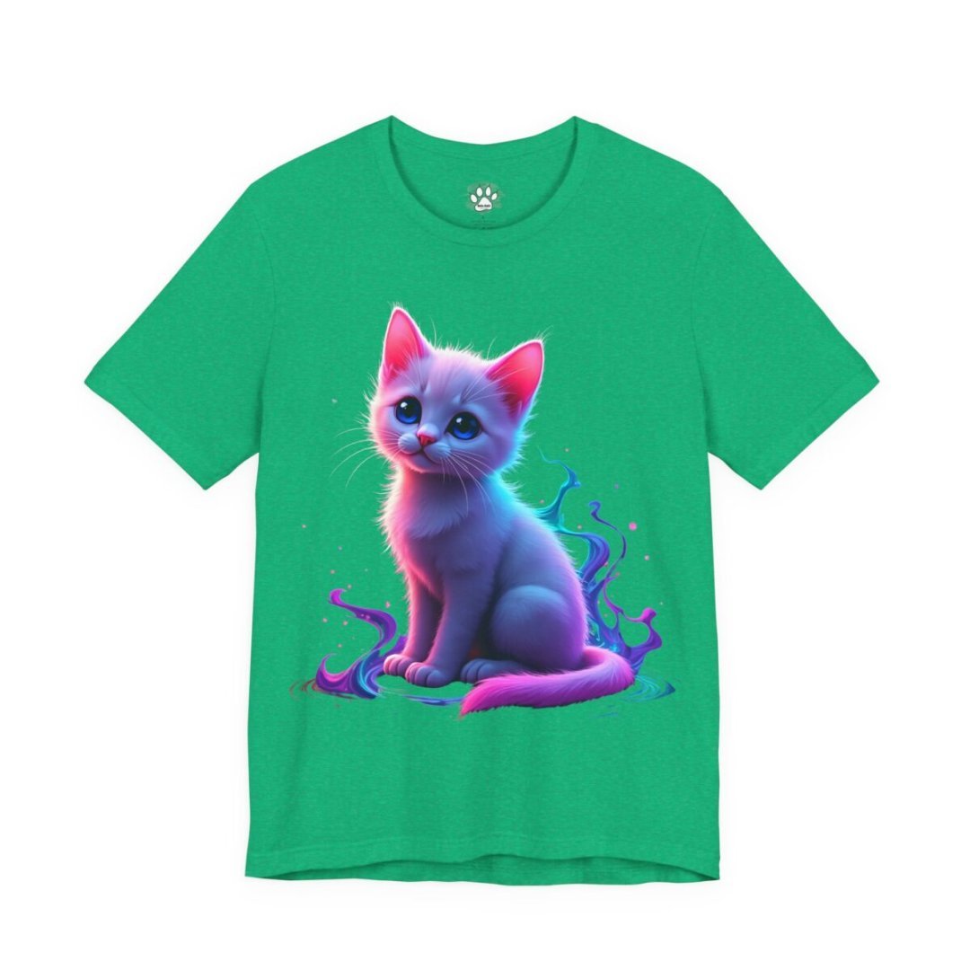 2766509255534845896_2048.jpeg Green t-shirt with a colorful kitten illustration.