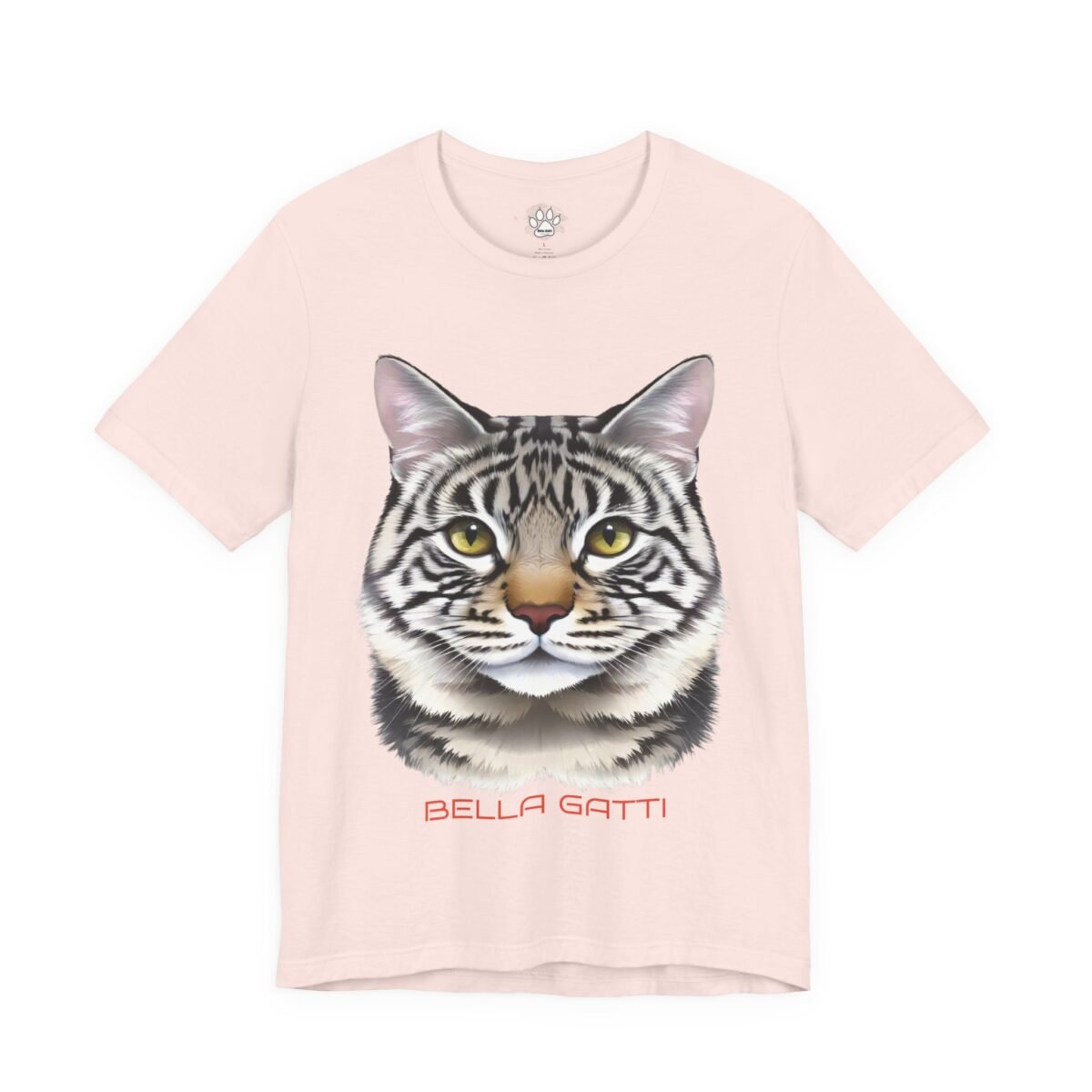 2915495104098556433_2048-1.jpeg Light pink t-shirt with a detailed tabby cat face illustration and "BELLA GATTI" text.