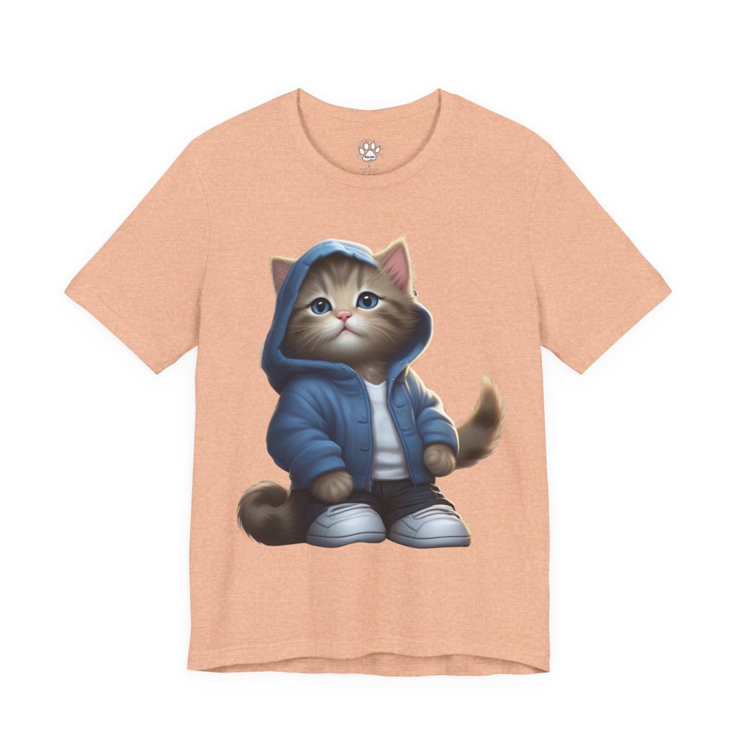 Cute Kitten Hoodie Graphic Tee. T-shirt with a cute cat in a blue hoodie and sneakers.
