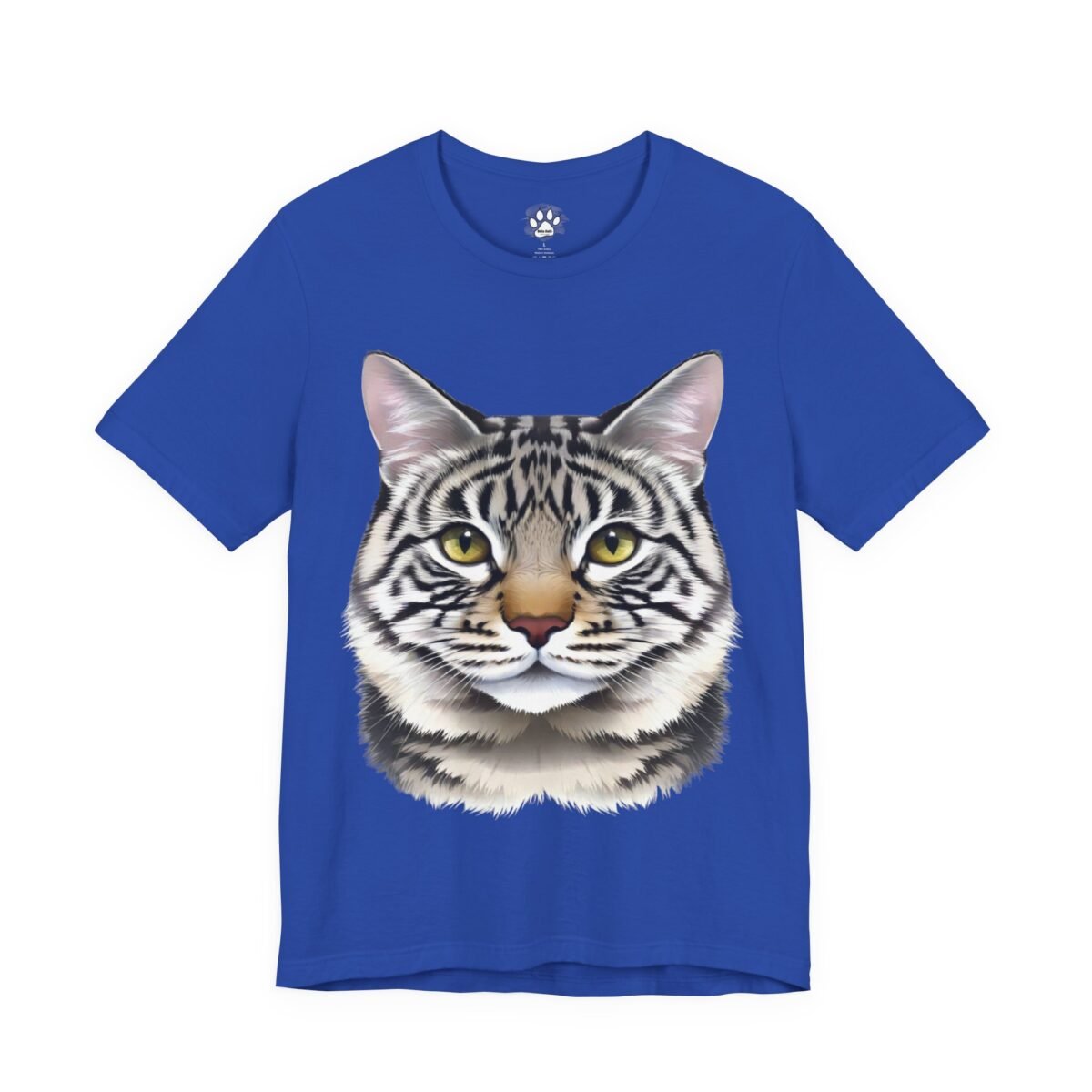 Tabby Gaze Unisex T-Shirt. Blue t-shirt with a striped cat's head and yellow eyes.