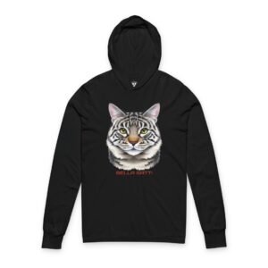 Bella Gatti Cat Face Hooded Long Sleeve Tee. Black hoodie featuring a realistic cat face design.