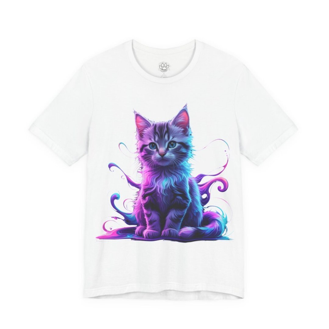 3199970720450924816_2048.jpeg White t-shirt with a colorful artistic cat design.