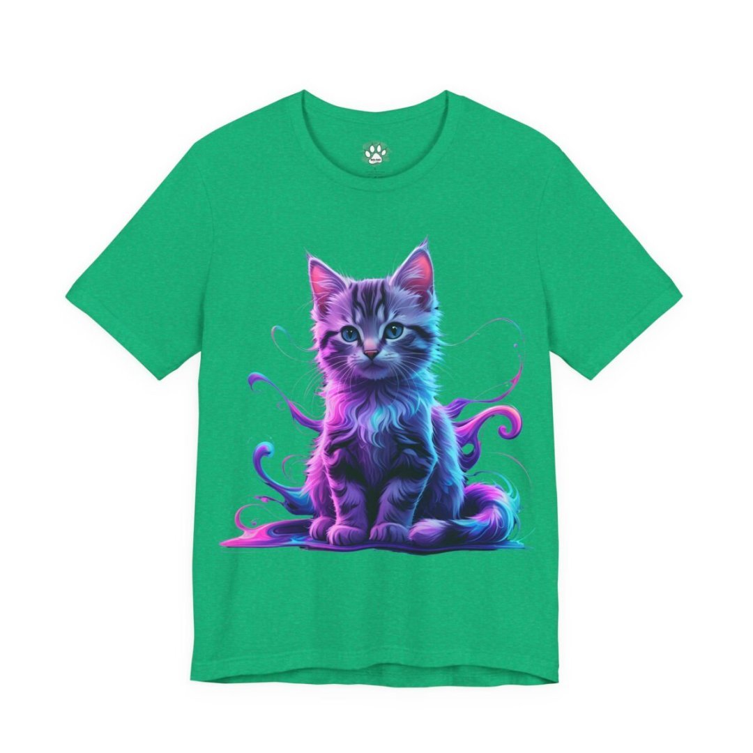 3310372591315235936_2048.jpeg Green t-shirt featuring a colorful, artistic kitten design.