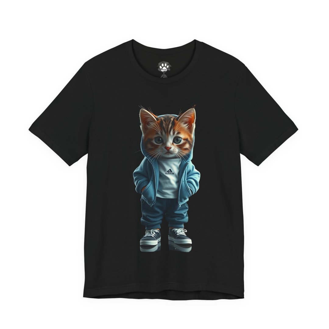 3448781277021581544_2048.jpeg T-shirt with a cute cat in a hoodie and sneakers design.
