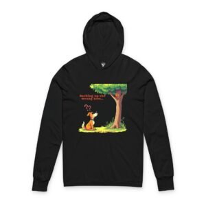 Barking Up the Wrong Tree Hooded Long Sleeve Tee Barking Up the Wrong Tree Hooded Long Sleeve Tee. Black hoodie with a cartoon dog barking at a tree.